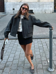 Aiertu - Woolen Zipper Solid Women Jacket Full Sleeve Pocket Lady Coat Fashion Autumn Winter Lapel Warm Casual Female Overcoat Aiertu