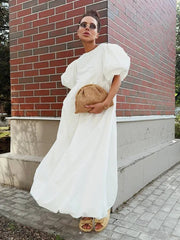 Aiertu - 100% Cotton Women's Oversized Bubble Sleeve Dresses Fashionable Ladies O-Neck Chic Short Sleeve Summer Loose Long Dress Aiertu
