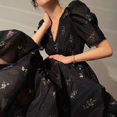 Aiertu - Puff Sleeve V-Neck Floral Maxi Dress Aiertu