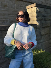 Aiertu - Casual Knitted Contrast Colorful Pullover 2026 Women Elegant Stand Collar Long Sleeves Sweater Autumn Lady High Streetwear Aiertu