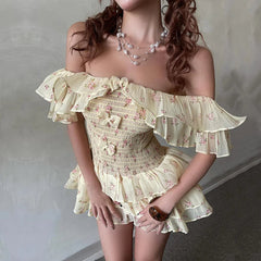 Aiertu Off Shoulder Sexy Floral Print Mesh Bow Fashion A-line Bodycon Pleated Mini Dress Summer New Sweet Cute Party Vestidos Aiertu
