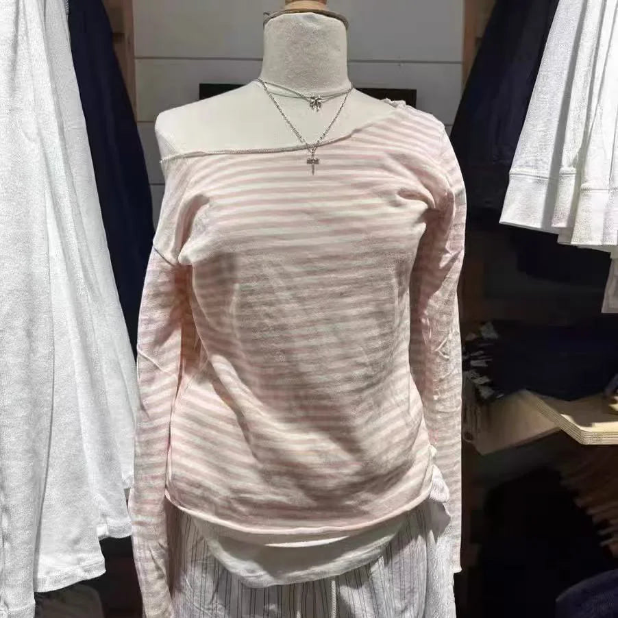 Aiertu - Hem Pink Striped Long Sleeve T-shirt Women Spring New Slash Neck Cotton Chic Tee Shirts Sweet Preppy Style Basic Tops Y2k Aiertu