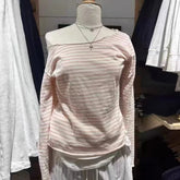 Aiertu - Hem Pink Striped Long Sleeve T-shirt Women Spring New Slash Neck Cotton Chic Tee Shirts Sweet Preppy Style Basic Tops Y2k Aiertu