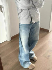 Aiertu - Y2K Fashion Blue Simple Multi-button Design Casual Jeans Retro Washed Loose Harajuku Street High Waist Straight Wide Leg Jeans Aiertu