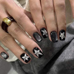 Aiertu - 24PCS Y2k Short Coffin Press on False Nail with Glue Butterfly Metallic Silver Blush Fake Nail for Spice Girls Wearable Ins Nail Aiertu