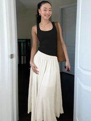 Aiertu - Slim Drawstring Pleated Long Skirt For Women Elastic Waist Solid Color High Waist Fashion Patchwork Female Long Skirt Aiertu