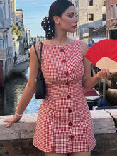 Aiertu - Round Neck Sleeveless Plaid Dress Woman Single Breasted Patchwork A-Line Short Dresses Casual Slim Women's Versatile Mini Dress Aiertu