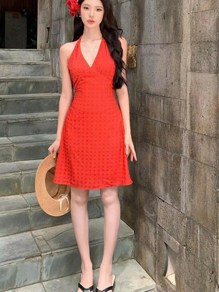 Aiertu - Women Red Polka Dot Sexy Festival Party Halter V-neck Bandage Short Dress Summer Elegant Sleeveless Backless Slim Mini Dress Y2k Aiertu