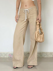 Aiertu -Vintage Drawstring Tie Low-Waist Straight-Leg Pants aiertu