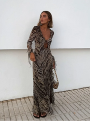 Aiertu - Elegant Stripe Print Flare Sleeves Maxi Dress For Women Sexy Hollow Out Lace-up Long Robes 2026 Autumn New Lady Street Vestidos Aiertu