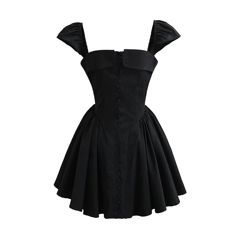 Aiertu - 2025 European And American Style Women Elegant Party Mini Dresses New Fashion Front Button Sexy Slit Slim Black Dress Aiertu