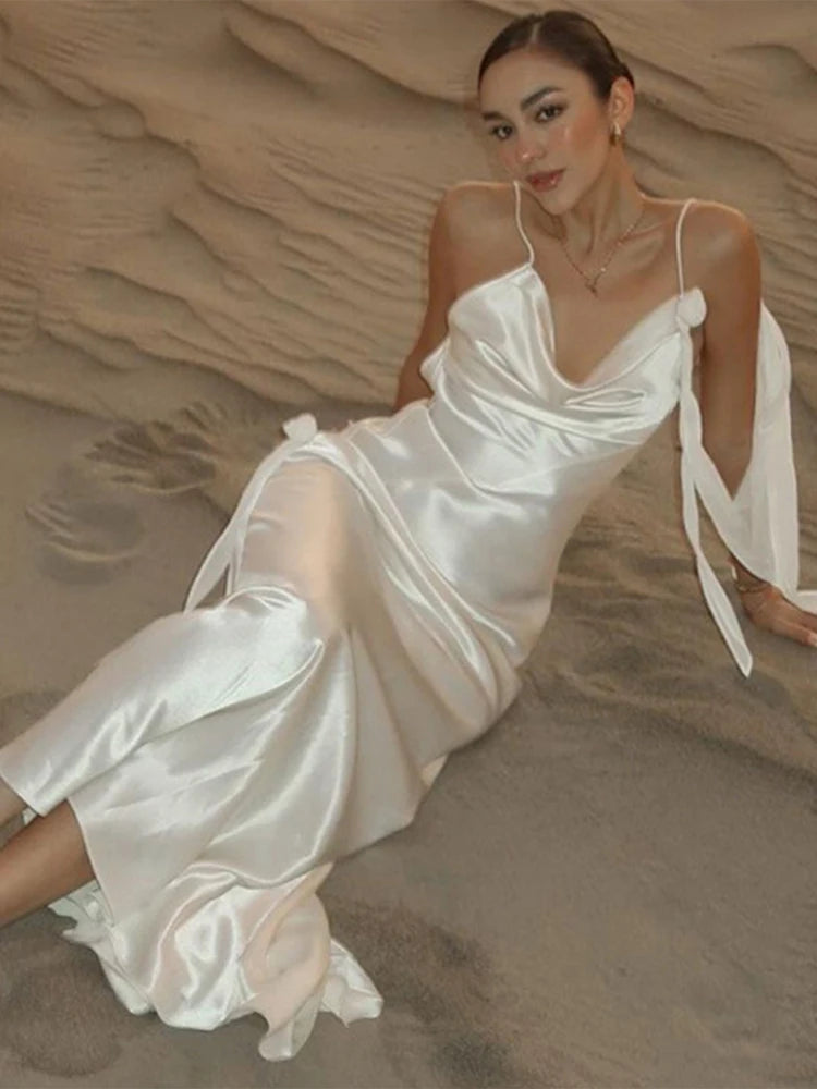 Aiertu - Large Backless Slip Dress Satin Ribbon Halter Robe French Tassels Pleated Sexy Swingneck Vocation Beach Women White Long Dresses Aiertu