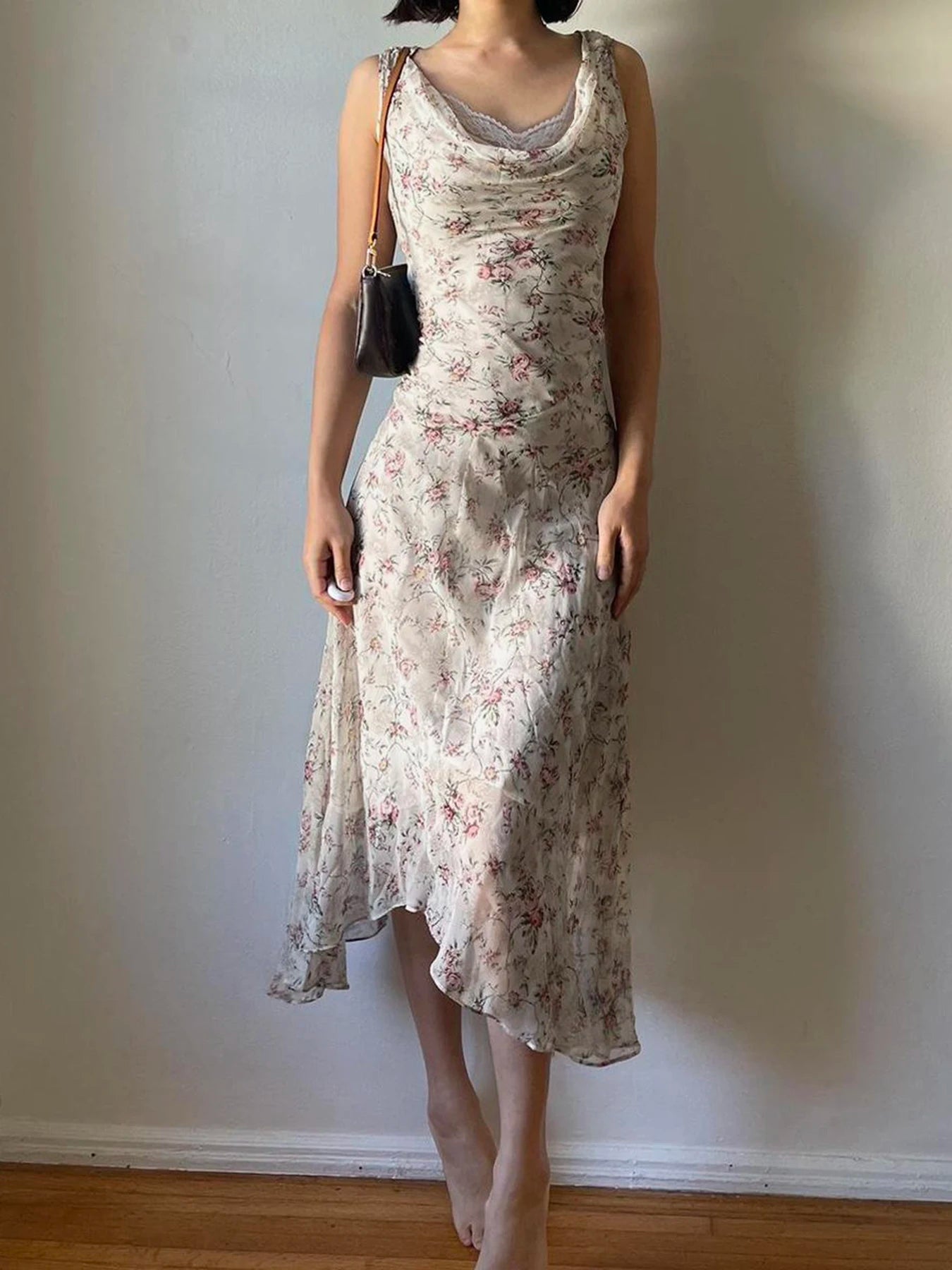 Aiertu French Chic Elegant Flower Print Women Dress Lace Trim Ruched Slim Long Dress Summer New Clothes Aiertu