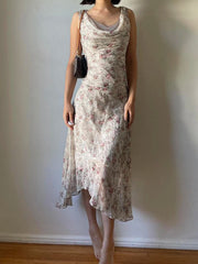 Aiertu French Chic Elegant Flower Print Women Dress Lace Trim Ruched Slim Long Dress Summer New Clothes Aiertu