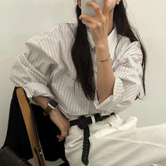 Aiertu Elegant Striped Shirts Women Vintage Long Sleeve Pocket Blouses Spring Ladies Korean Single Breasted Design Casual Tops Aiertu