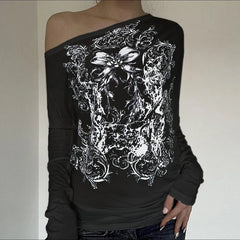 Aiertu - Halloween European and American personality niche dark printing contrasting colors loose large version long-sleeved T-shirt top Aiertu