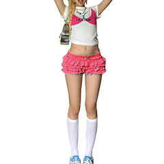 Aiertu - Y2K sweet trouser skirt sweet cool American low waist multi-layer wavy lace plaid cake shorts new Aiertu