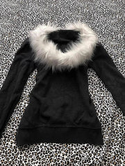 Aiertu - New Zipper Hoodie Women Y2k Harajuku Retro Letter Printed Fur Collar Slim Hoodie Fashion Simple Black Sweatshirt Warm Jacket Top Aiertu