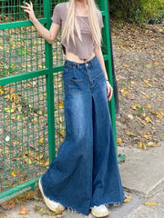 Aiertu - Denim Elephant Wide Leg Pants Women High Waist Solid Distressed Pleated Frayed Casual Baggy Jeans Vintage Streetwear Aiertu