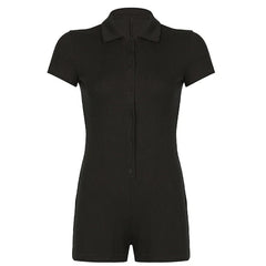 Aiertu - Solid Button Up Turn Down Collar Short Sleeve Slim Ribbed Rompers Womens Playsuit Basic Vintage Casual Summer Shirts Aiertu