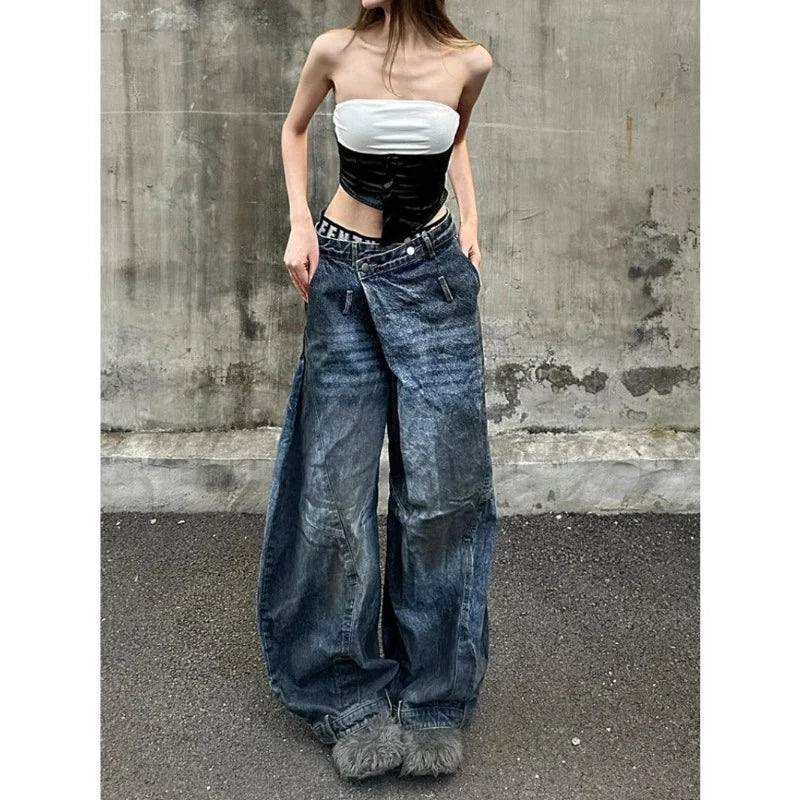 Aiertu - Oversized Retro Blue Washed Distressed Wide Leg Jeans Women Fashion Streetwear Hot Girls Loose Casual High Waist Straight Jeans Aiertu