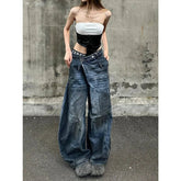 Aiertu - Oversized Retro Blue Washed Distressed Wide Leg Jeans Women Fashion Streetwear Hot Girls Loose Casual High Waist Straight Jeans Aiertu