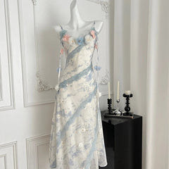 Aiertu - Fairy Print Midi Dress Women Fashion Elegant Vacation Floral Spaghetti Strap Dresses Summer Korean Sexy Bodycon Vestidos Aiertu