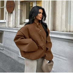 Aiertu - Loose Brown Bomber Coats Women Vintage Stand Collar Single Breasted Zipper Pockets Jacket 2026 Autumn New Lady Tops Outwear Aiertu