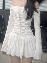 Aiertu - summer inspo Korean Fashion Slash Neck Elegant Long Sleeve A Line White Dress Women Shirring Slim Waist Simple Sweet Japanese Clothing Aiertu