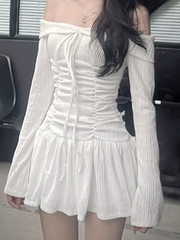 Aiertu - summer inspo Korean Fashion Slash Neck Elegant Long Sleeve A Line White Dress Women Shirring Slim Waist Simple Sweet Japanese Clothing Aiertu