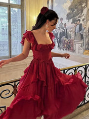 Aiertu - New Red Layered Ruffles High Waist Maxi Dress Women Elegant Square Neck Sleeveless Back Hollow Robes 2026 Chic Lady Party Gowns Aiertu