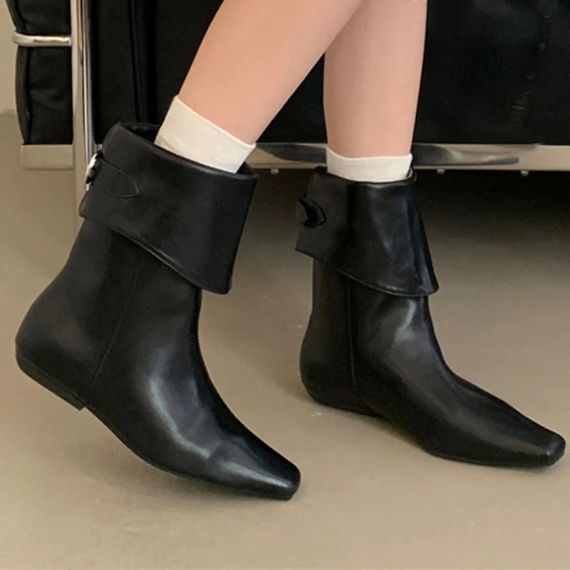 Black Ankle Boots For Woman Fall Short Shoes Casual Back Buckle Ladies Boots Low Heel Square Toe Designer Shoes Bottes Femme Aiertu