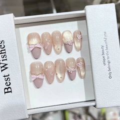 Aiertu - 10pc Press On Nails False Nails Bow Decor Fake Nails Wearable Handmade Gel Nail Stickers Reusable Gradient Gel Nail Polish Strip Aiertu