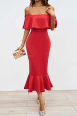 Aiertu -Sexy Prom Solid Color Ruffle Off Shoulder Fishtail Dresses aiertu
