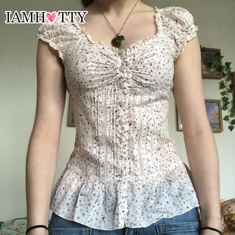 Aiertu - -Aiertu - - Floral Print Ruched A-line Blouse French Style Single-breasted Short Sleeve Top Chic Slimming Tie-up Collar Shirts Cute Aiertu