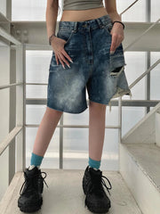 Aiertu - Distressed Ripped Denim Pants Summer Casual Low Rise Loose Wide Leg Midi Pants for Women Streetwear Short Denim Trousers Aiertu