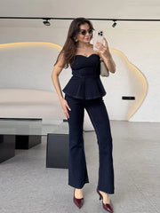 Aiertu - Fashion Denim Tank Jeans Set Women Strapless Sleeveless Ruffle Crop Tanks High Waist Flare Pants Female Sets 2025 Spring Summer Aiertu