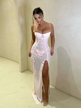 Aiertu - Pink 3d Printing Side Split Mesh Sheer Midi Dress Women Sexy V Neck Sleeveless Backless Slim Robe Lady Fashion Chic Dresses Aiertu
