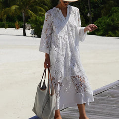 Aiertu - 2025 Lady Fashion Vacation Long Dress White Women's V Neck Lace Embroidered Party Dress Elegant 3/4 Sleeve Patchwork Loose Dress Aiertu