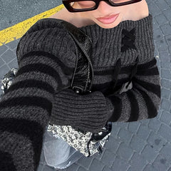 Aiertu - cold weather outfits Y2K Striped Off Shoulder Women Sweater Lace-up Chic Stylish High Street 2000s Jumper Autumn Harajuku Knitwear Tops Aiertu