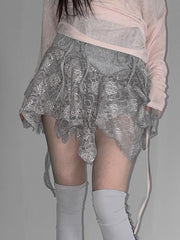 Aiertu -Lace Ruched Asymmetrical Bow Mini Skirt aiertu
