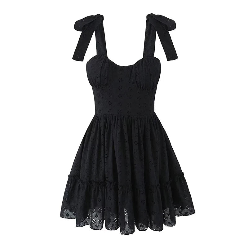 Aiertu - Summer 2025 Women Hollow Out Embroidery Sling Mini Dresses Lacing Up Back A-line Cotton Black White Short Dresses Party Robe Aiertu