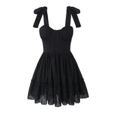 Aiertu - Summer 2025 Women Hollow Out Embroidery Sling Mini Dresses Lacing Up Back A-line Cotton Black White Short Dresses Party Robe Aiertu