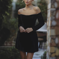 Aiertu - Elegant Black Velvet Rhinestone Off Shoulder Mini Dress For Women Long Sleeve High Waist A-line Party Club Dresses Aiertu