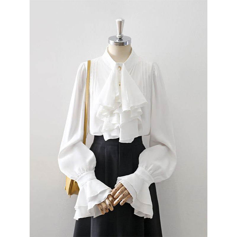 Aiertu Vintage White Shirts Women Elegant Ruffles Flare Long Sleeve Blouses Office Ladies Korean Single Breasted Design Chic Tops Aiertu
