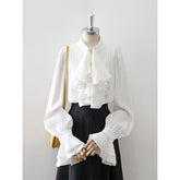 Aiertu Vintage White Shirts Women Elegant Ruffles Flare Long Sleeve Blouses Office Ladies Korean Single Breasted Design Chic Tops Aiertu