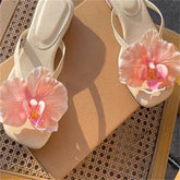 Aiertu - Flower Decoration Shoes for Womens Square Toes Solid Flat Heels Sewing Lines Zapatos Mujer PU Ladies Front Strap Chassure Femme Aiertu