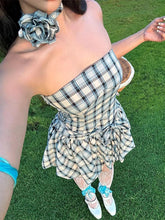 Aiertu - Fashion Retro Tube Top Floral Plaid Print Strap Bud Dress For Women Folds Hem Splice Mini Dress Sweet Party Dress Female Aiertu