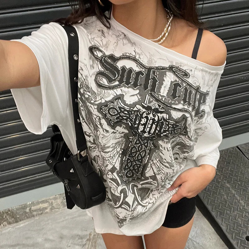 Aiertu - Gothic retro personalized printed T-shirt European and American hip-hop street fashion hottie loose and thin casual top women Aiertu