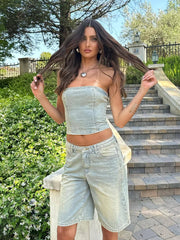 Aiertu - Women Plain Wide Leg Jeans Jorts Vintage Wash Straight High Waist Distressed Denim Bermuda Pants Y2k Summer Clothes Aiertu